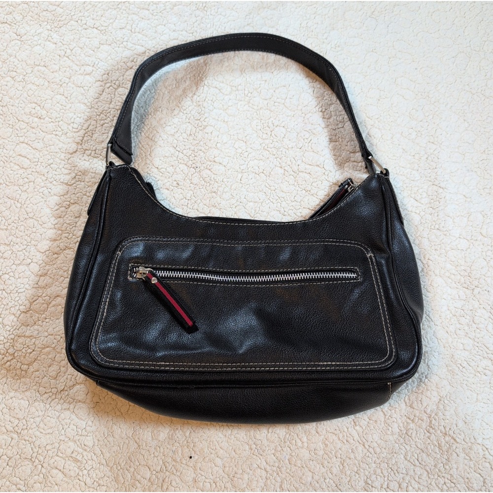 Liz Claiborne Black Faux Leather Hobo Shoulder Bag Purse Y2K Contrast Stitching